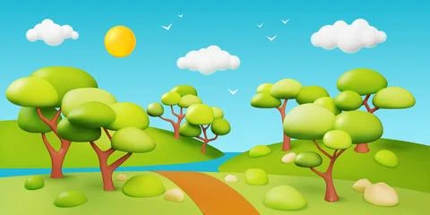3d forest. Tree road park landscape, nature garden scene in cloud weather, green Ilustração Stock