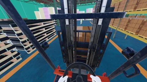 3D Forklift Driver POV Carrying High Cargo Obstruction Safe Stop Pedestrian Stock Footage 337932803