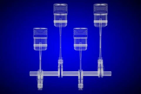 3D four-cylinder car engine, blueprint, wireframe Stock Illustration