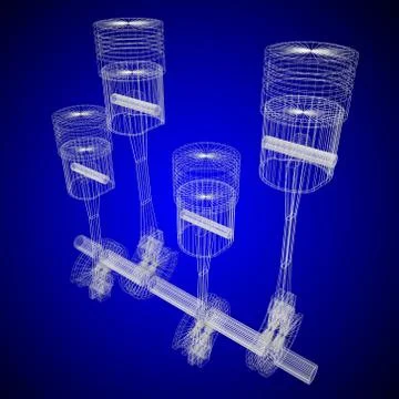 3D four-cylinder car engine, blueprint, wireframe Illustrazione stock