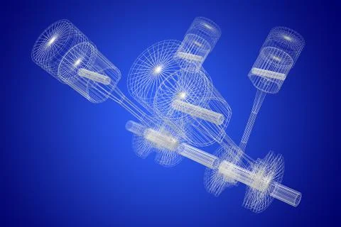 3D four-cylinder car engine, blueprint, wireframe Stock Illustration