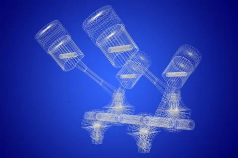 3D four-cylinder car engine, blueprint, wireframe Stock Illustration