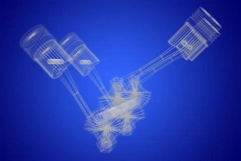 3D four-cylinder car engine, blueprint, wireframe Stock Illustration