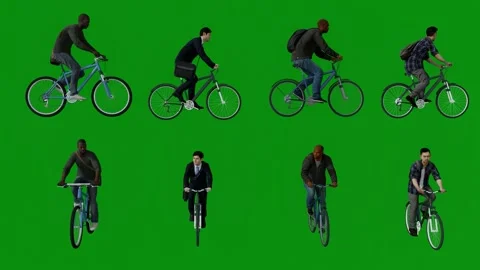 3D of four different cyclist employees on a green background screen driving with Stock Footage 228485133