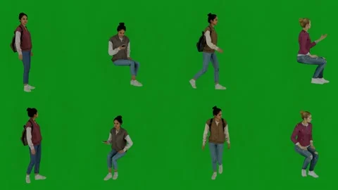 3D four different female students on a green screen background talking and worki Stock Footage 228056222