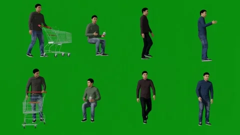 3d four married men different shoppers on green screen talking and shopping and Stock-Footage 227720318