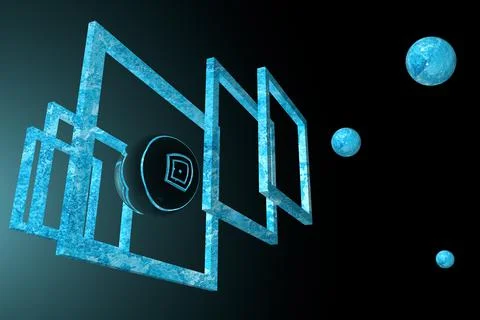 3d frame objects and spheres hanging in a dark space Stock Illustration