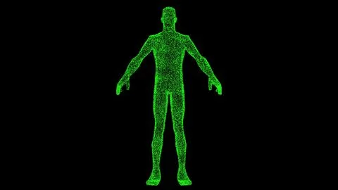 3D Frankenstein on black bg. Object dissolved green flickering particles. Bus イラスト素材