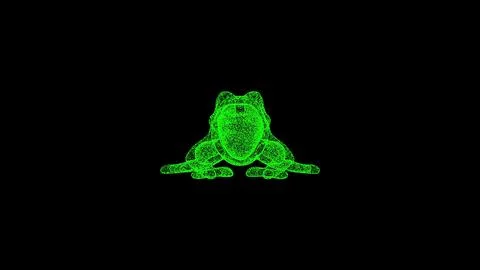 3D frog on black bg. Object dissolved green flickering particles. Business ad Stockillustratie