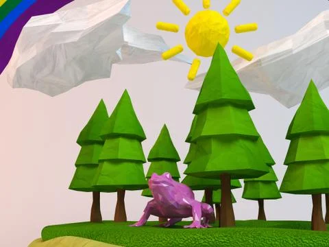 3d frog inside a low-poly green scene with sun, trees, clouds and a rainbow Stock Illustration