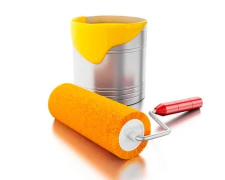 3d Full paint bucket and paint roller. Stock-Illustration