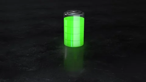 3D Fully Charged Battery Icon on a Reflective Floor. Battery Cell. 4K Stock Footage 279406432