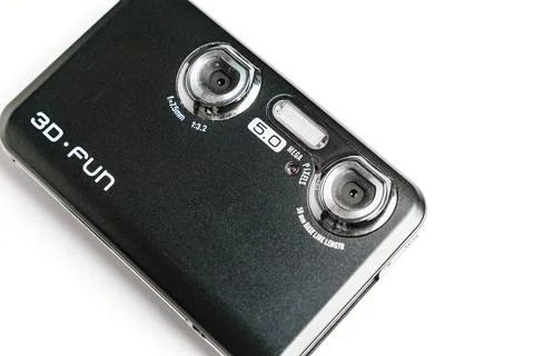 3D Fun black stereoscopic camera on a white background. A camera with two lenses Foto stock