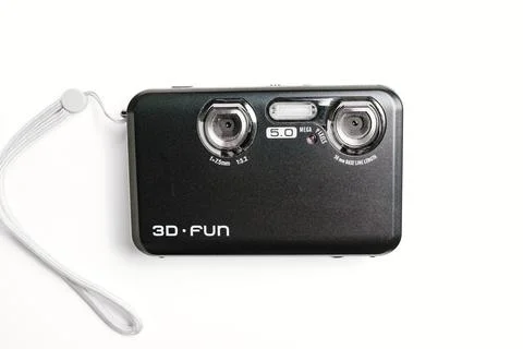3D Fun black stereoscopic camera on a white background. A camera with two lenses Foto stock