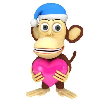 3d funny monkey in santa claus cap with pink heart Stock Illustration