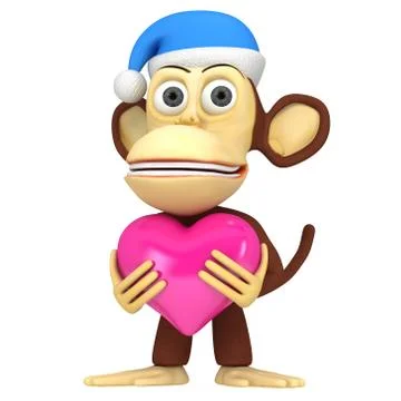3d funny monkey in santa claus cap with pink heart Stock Illustration