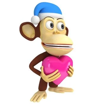 3d funny monkey in santa claus cap with pink heart 스톡 일러스트