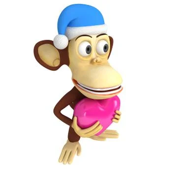3d funny monkey in santa claus cap with pink heart Illustrazione stock