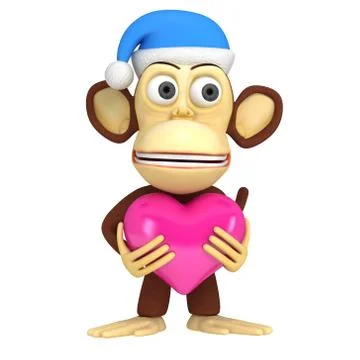 3d funny monkey in santa claus cap with pink heart Stock Illustration