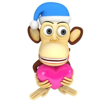 3d funny monkey in santa claus cap with pink heart Stockillustratie