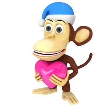 3d funny monkey in santa claus cap with pink heart 스톡 일러스트