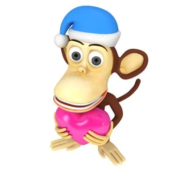 3d funny monkey in santa claus cap with pink heart Stock Illustration