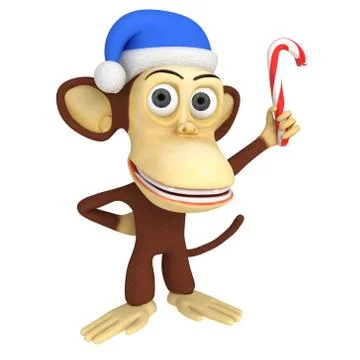 3d funny monkey in santa claus hat with candy cane Stockillustratie