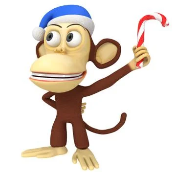 3d funny monkey in santa claus hat with candy cane Stockillustratie