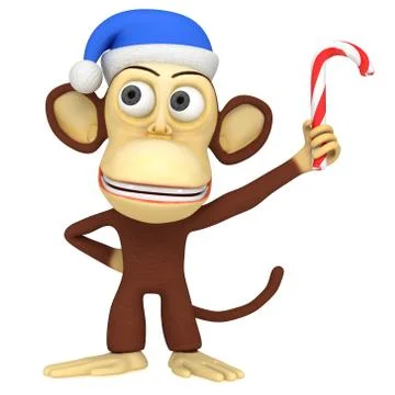 3d funny monkey in santa claus hat with candy cane Ilustração Stock