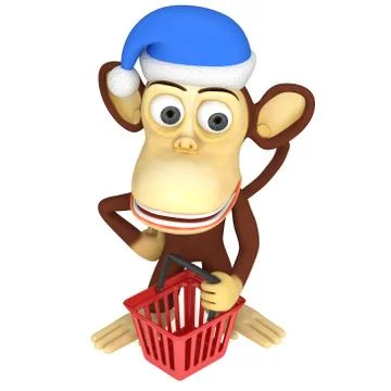 3d funny monkey in santa claus hat with shopping cart Stock Illustration