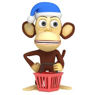 3d funny monkey in santa claus hat with shopping cart Ilustração Stock