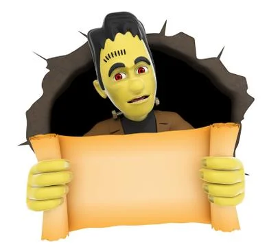 3D Funny monster coming out a wall hole with a blank papyrus. Halloween Stock Illustration