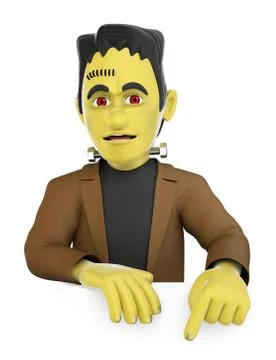 3D Funny monster. Frankenstein pointing down. Blank space. Halloween Stock Illustration
