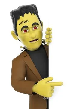 3D Funny monster. Frankenstein pointing aside. Blank space. Halloween Illustrazione stock