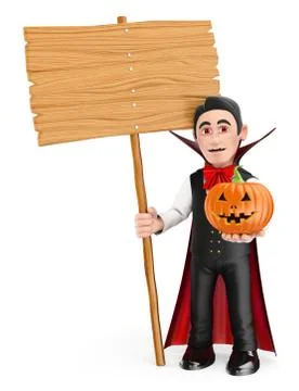 3D Funny monster. Vampire with a blank wooden sign and a pumpkin. Halloween Stock Illustration