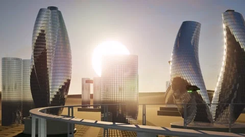 3D future city train maglev sunset big Sun Stock Footage 280782660