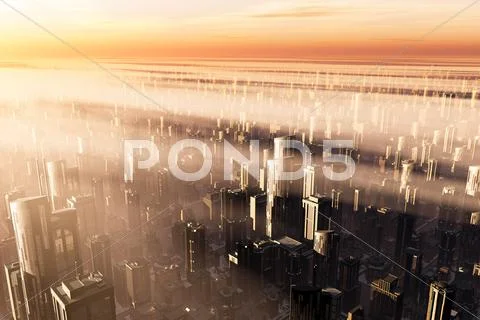 3D Future Metropolis Sunset heavy smog Stock Illustration