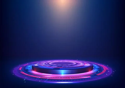 3D futuristic circular platform with glowing hud neon patterns in pink blue.. Stock Illustration
