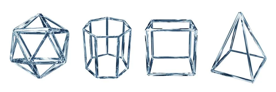 3D futuristic grid object set, geometric shapes, transparent crystal Ilustración de archivo