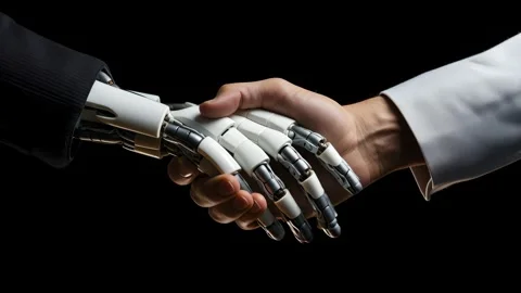 3D futuristic handshake between robotic and executive arm Video stock 317217371