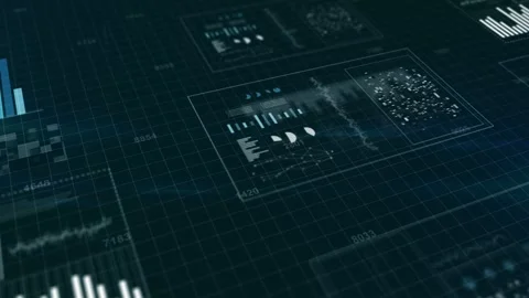 3D Futuristic screen with animated digital graphs, charts, computer data. HUD Stock Footage 255304329