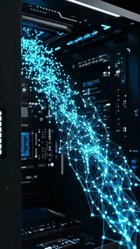 3D Futuristic Server Rack with Glowing Blue Network Data Stream Stock Footage 342201526