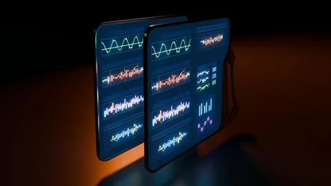 3D futuristic tablet render with glowing charts and digital interface Stock Illustration