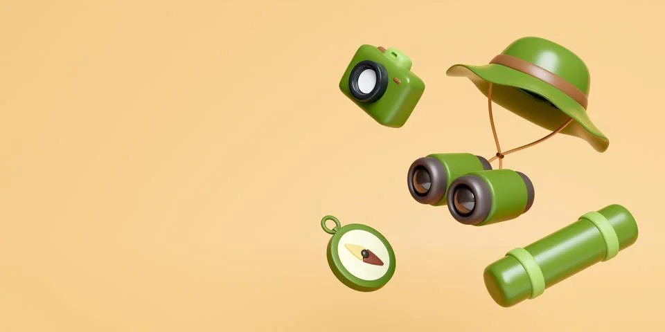 3d gadgets for camping and elements for camping, trip, hiking. Concept. 3d Stock Illustration