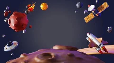 3d galaxy background with planets, spaceship, satellite and flying saucer UFO in Illustrazione stock