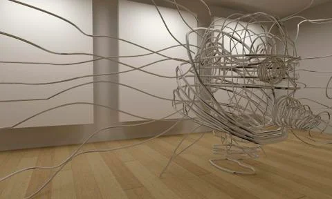 3d gallery with frames and modern sculpture Illustrazione stock