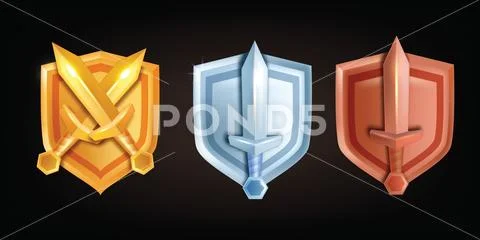 3D game badge shield vector set, UI level up medieval rank sword ...