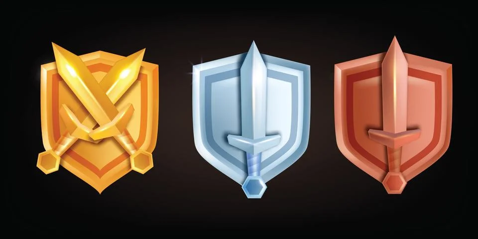 3D game badge shield vector set, UI level up medieval rank sword Stock Illustration