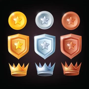 3D game badge vector kit, level up UI medal set, ranking golden shield Stock Illustration