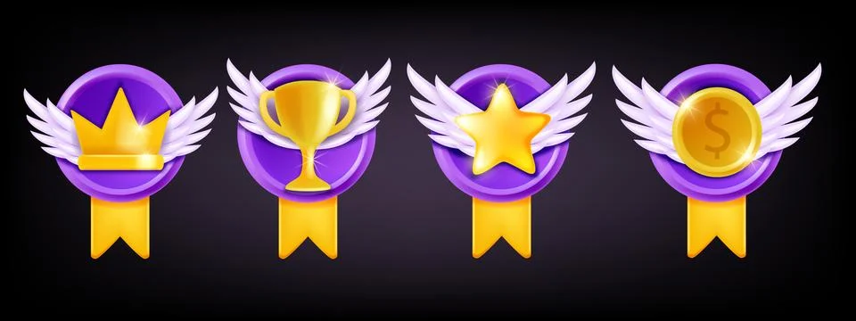 3D game badge vector set, level up medal icon kit, golden rank crown Stock Illustration
